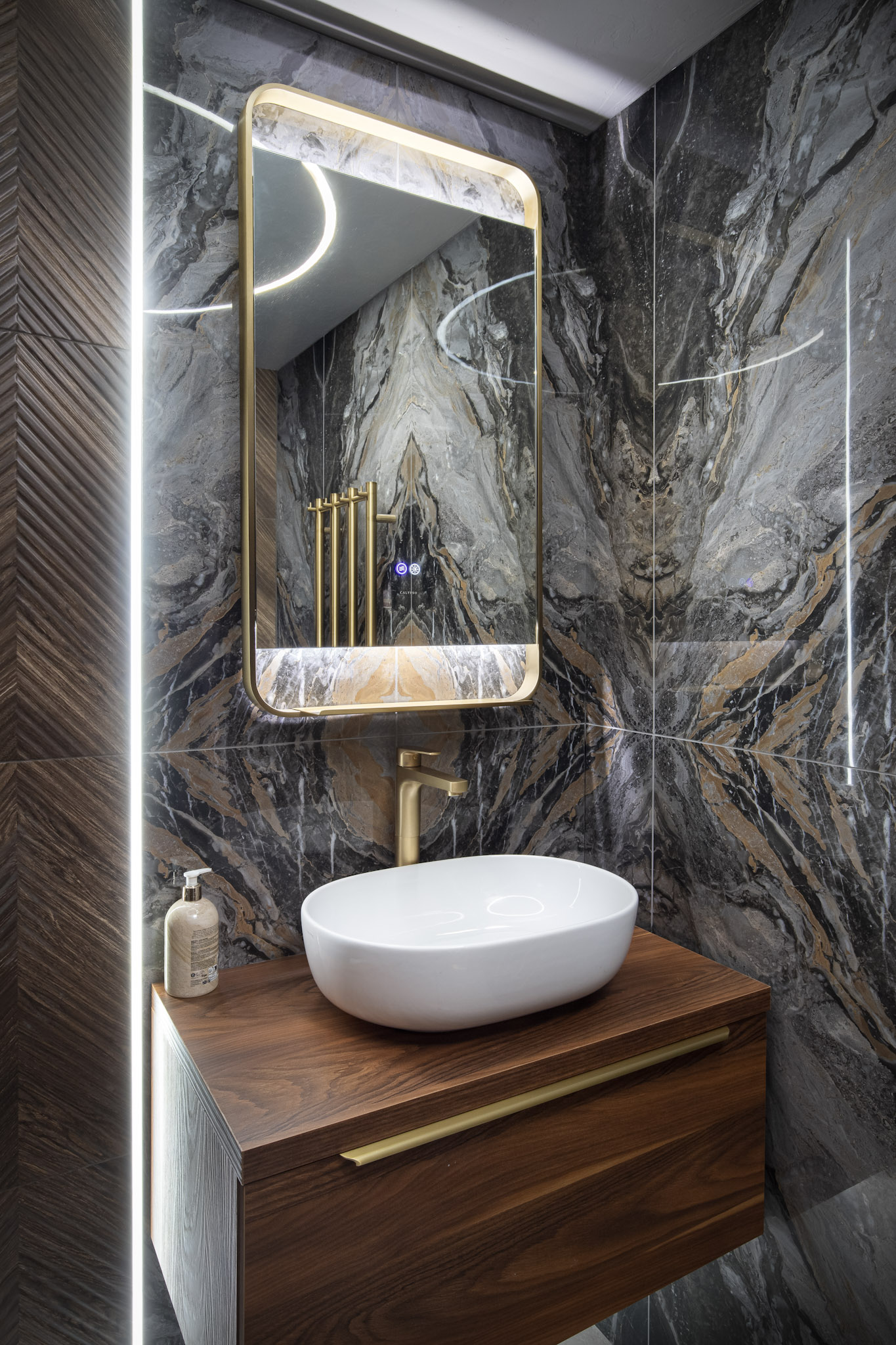 Luxurious marble powder room, listed on PhotoPulse